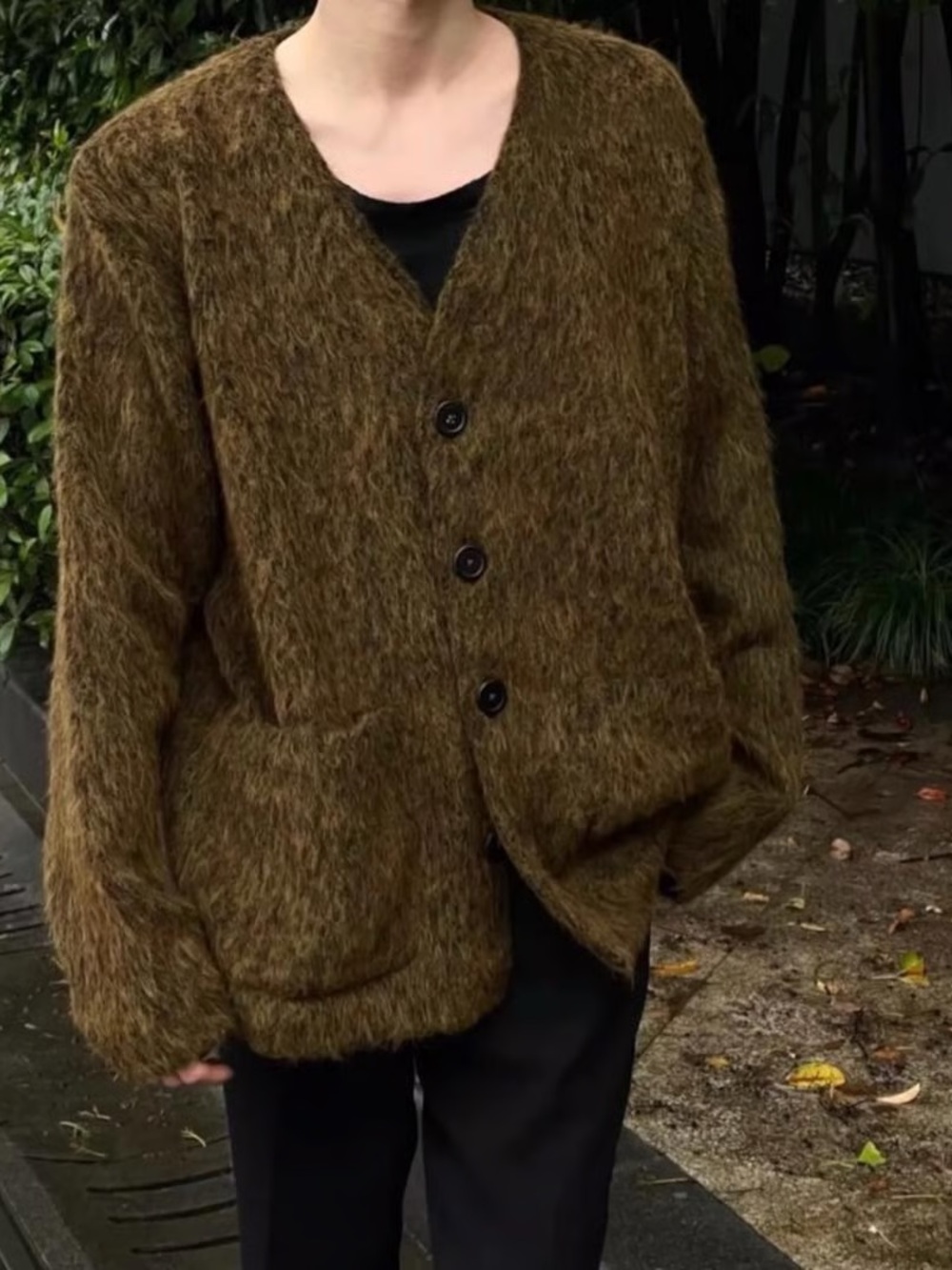 Our Legacy Olive Brown Mohair V-Neck Button Cardigan Size L